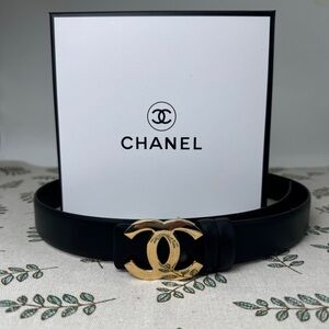 CHANEL Black Belt with Gold Buckle